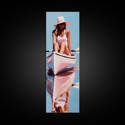 Woman in Kayak, Summer Adventure Art, Coastal Minimalist Painting, Ocean Escape Decor, Outdoor Lover Gift, Framed Canvas Print