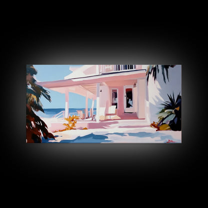 Oceanfront Porch, Coastal Home, Beach House, Seaside Retreat, Summer Vibes, Blue Wall Art, Nautical Style, Modern Decor, Framed Canvas Print