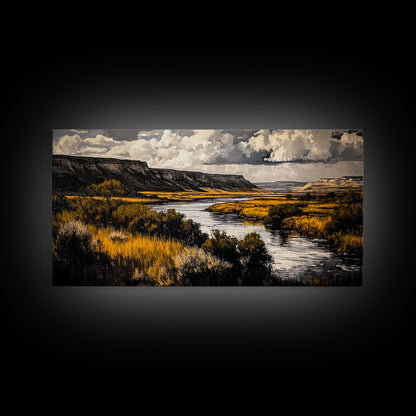 Western River, Rustic Landscape, Southwest Art, Moody Nature Painting, Lodge Wall Decor, Mountain Home Art, Canvas Print, Coastal Print
