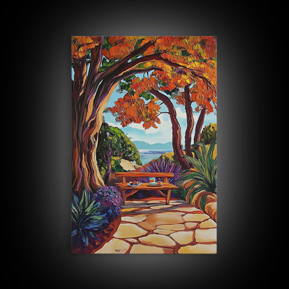Autumn Table, Garden Path, Scenic View, Framed Canvas Print, cozy fall art, rustic decor, nature painting, Dining Room Wall Art