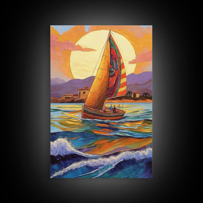 Colorful Sailboat, Coastal Adventure, Sunset Sea, Nautical Art, Living Room Wall Art, Tropical Decor, Framed Canvas Print, Ocean Vibes