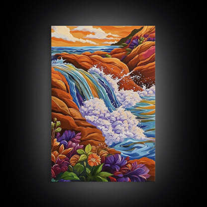 Coastal Waterfall, Ocean Rocks, Tropical Seascape, Sunset Art, Framed Canvas Print bathroom decor, beach lovers gift, colorful nature art