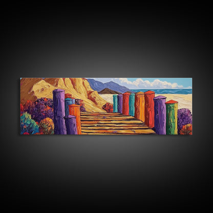 Colorful Cabins, Beach Path, Coastal Walkway, Vibrant Landscape, Canvas Print, Entryway Wall Art, Beach House Art, Bold Palette Decor