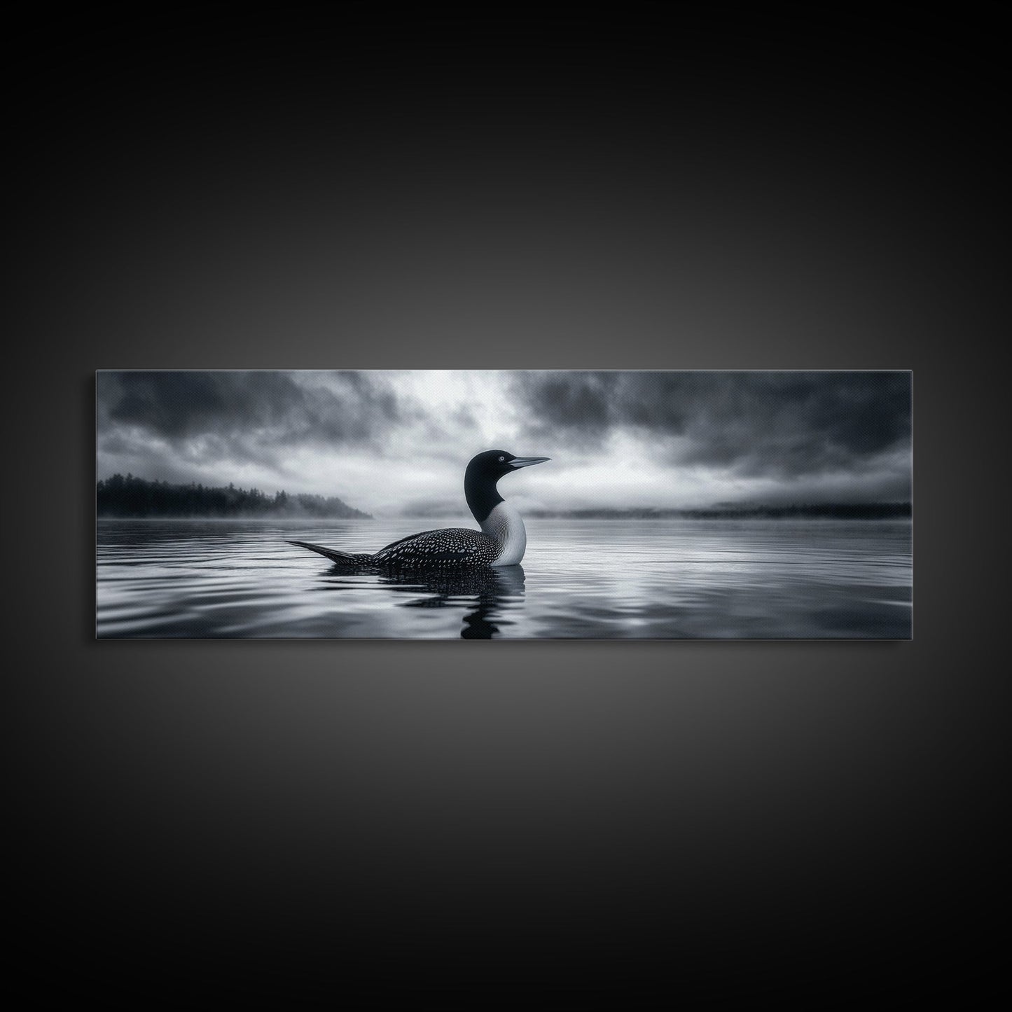 Northern Loon, Water Calm, Moody Wildlife, Canvas Print, Nature Wall Decor, Black and White Animal Art, Lakehouse Wall Art
