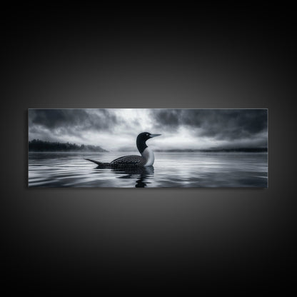 Northern Loon, Water Calm, Moody Wildlife, Canvas Print, Nature Wall Decor, Black and White Animal Art, Lakehouse Wall Art
