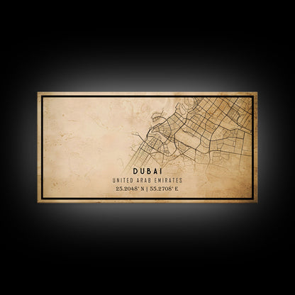 Dubai UAE map print poster or framed canvas, Dubai map print poster canvas, Dubai city map print poster canvas, Vintage Travel Art