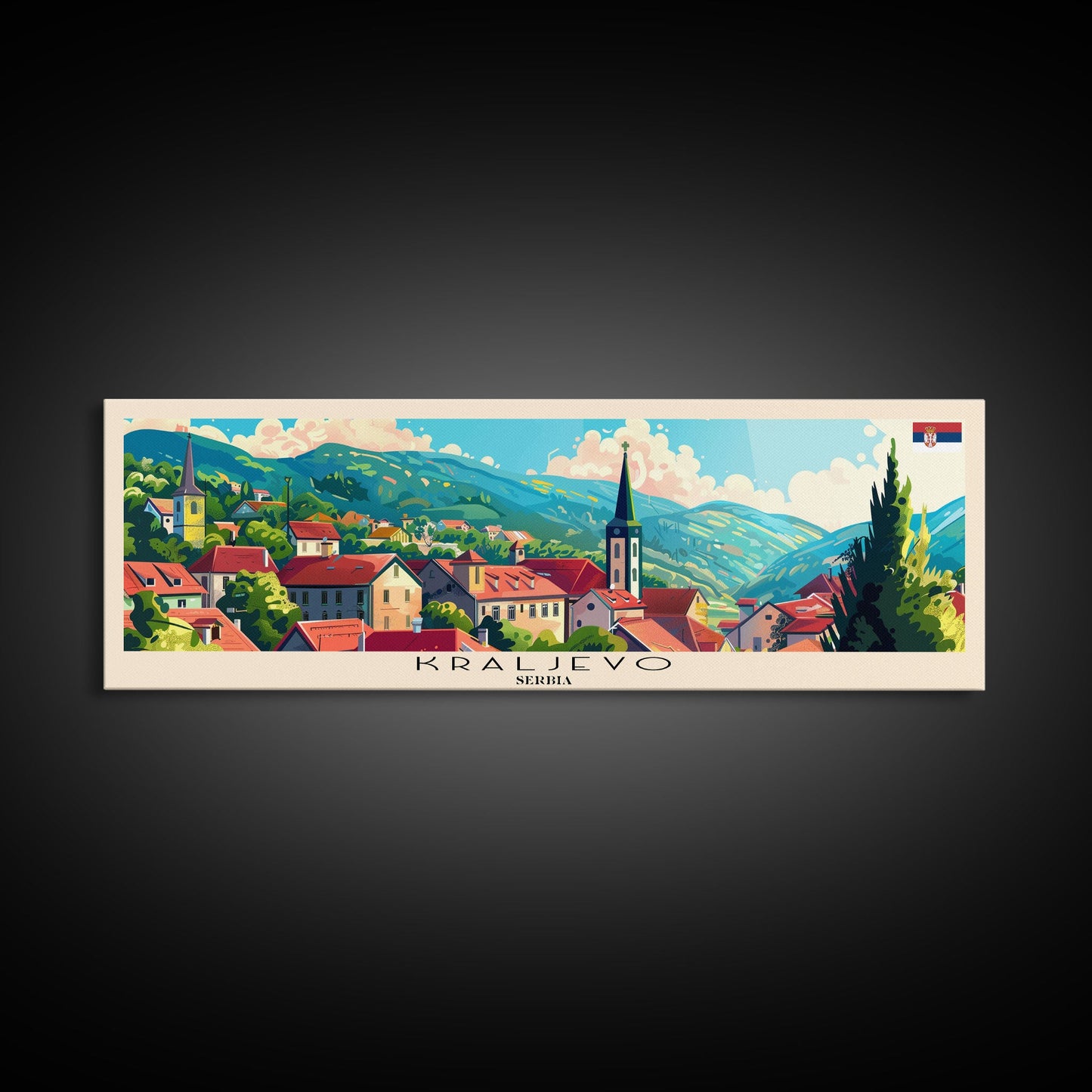 Kraljevo Serbia Panoramic Travel Poster, Framed Canvas Print or Metal Wall Art, Travel Art, Home Decor, Panoramic Painting, Midcentury Art