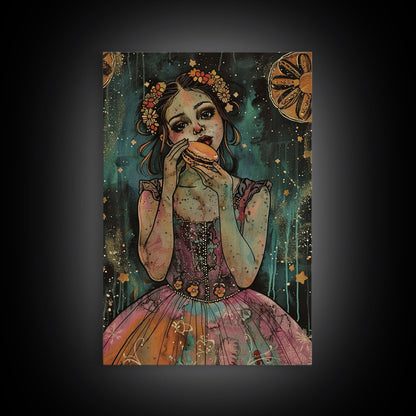 Halloween Girl Eating Macaron, Framed Canvas Print, Wall Art, Living Room Decor, Spooky, Girl Art, Original Painting, Home Decor