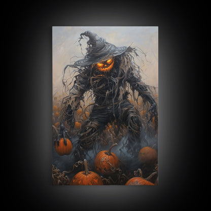 Haunting Scarecrow Holding Pumpkin in Misty Field | Halloween Wall Art | Spooky Home Decor | Creepy Scarecrow Painting | Framed Canvas Print