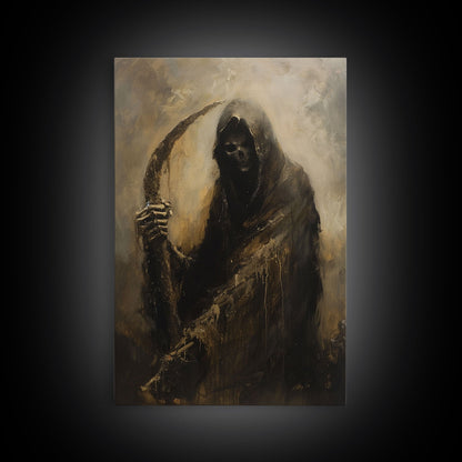Haunting Grim Reaper with Scythe - Dark Halloween Nightmare Gothic Art Framed Canvas Print, Spooky Wall Decor