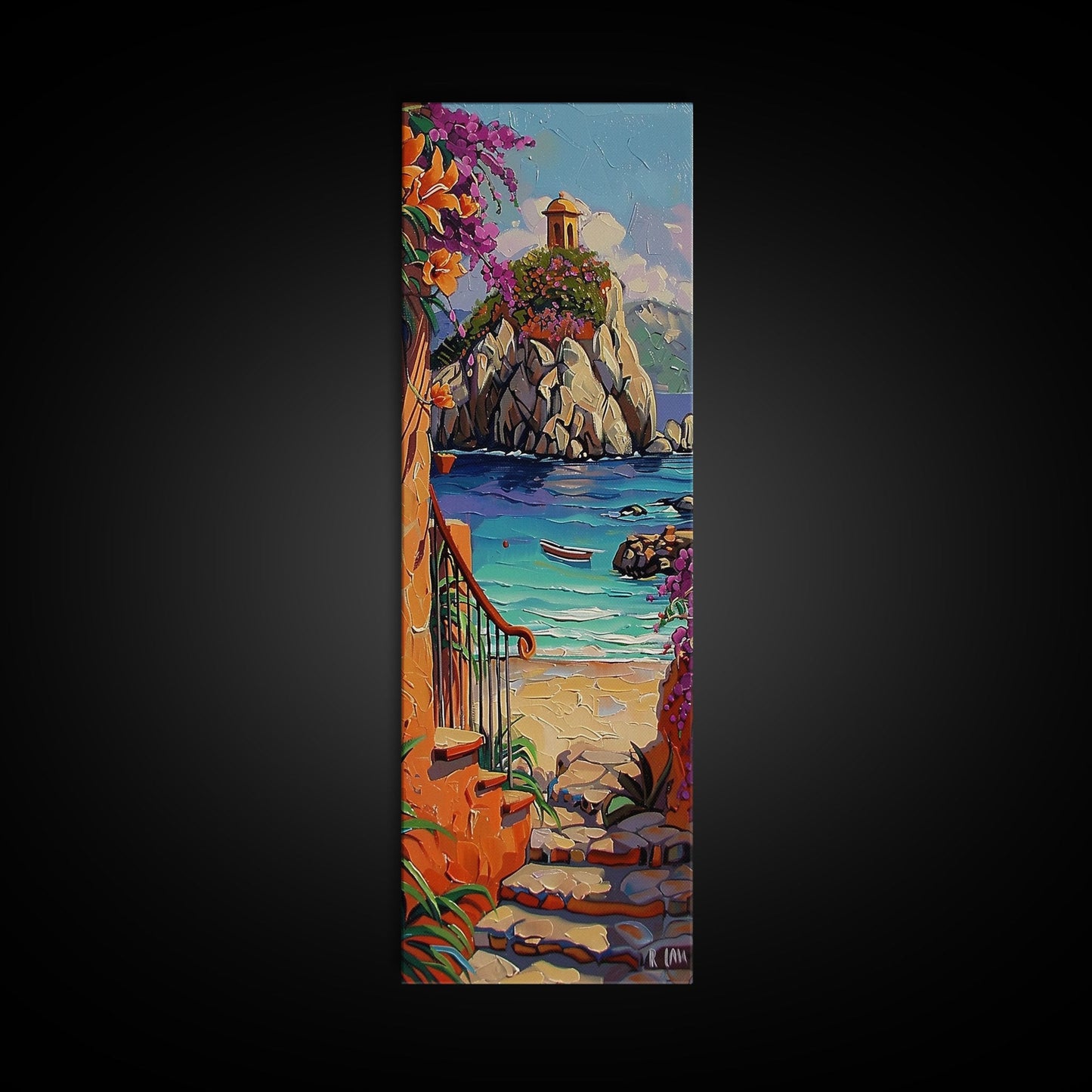 Coastal Wall Art Framed and Printed on Canvas, Surf Wall Art, Textured Canvas Painting Framed, Narrow Modern Wall Art for Office