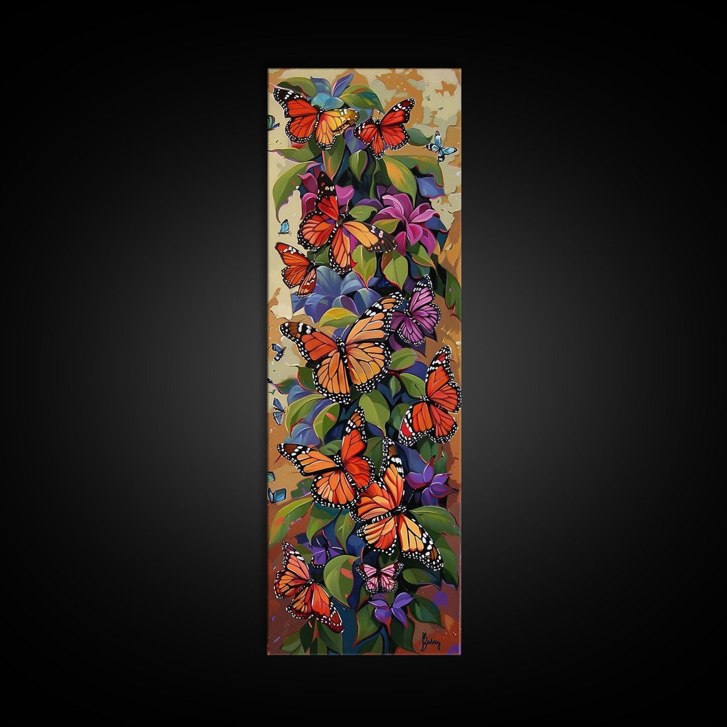 Colorful Butterfly Vertical Framed Canvas Oil Painting, Abstract Botanical Wall Art, Gouache Style Painted Art, Housewarming Gift for Her