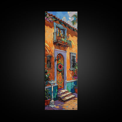 Spanish Inspired Acrylic Painting Framed and Printed on Canvas, Long and Narrow Vertical Art, Colorful Botanical Wall Art for Living Room