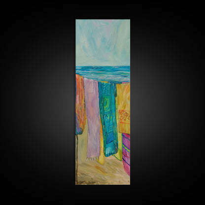 Colorful Laundry on Beach Landscape Art Print, Vertical Oversized Living Room Canvas Print Framed, Framed Wall Art for Laundry Room