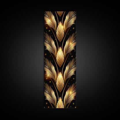 Gold Leaf Pattern on Black Background - Framed Canvas Print, Midcentury Modern Art, Skinny Art, Tall Art, Living Room Wall Decor, Minimalist Art