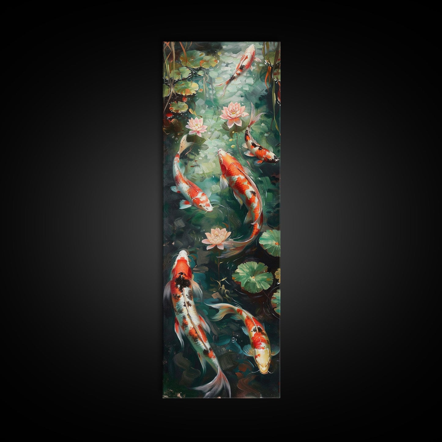 Mystic Forest Pond Koi Fish Boho Farmhouse Wall Art Framed Canvas Print Tall Art Japanese Style Art