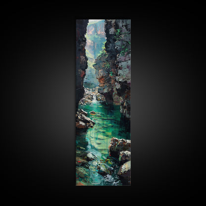 Serene Mountain River Gorge Scene Skinny Art Framed Canvas Print For Living Room Or Bedroom Wall Decor