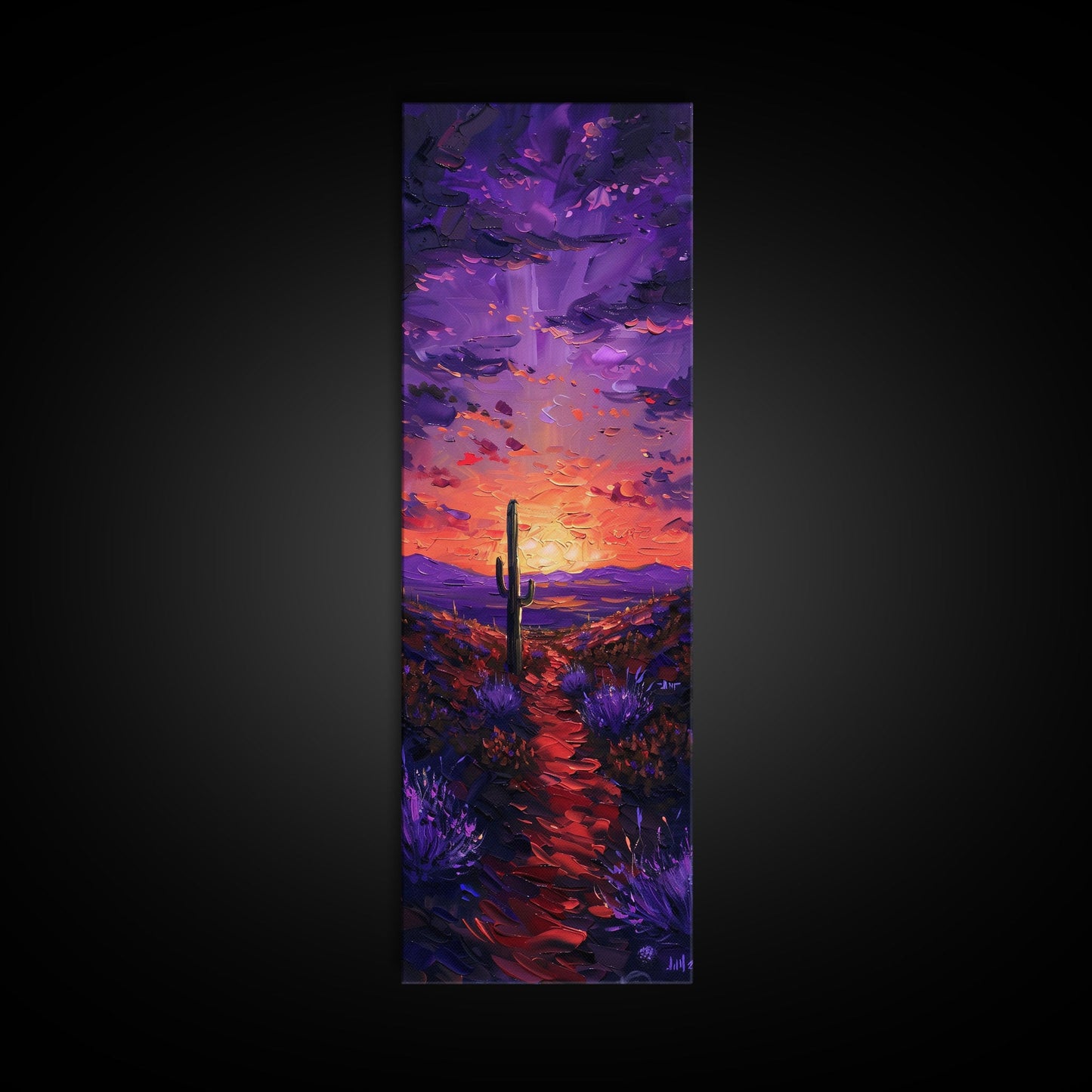 Colorful Sunset Over a Desert Landscape with a Saguaro Cactus and Dramatic Sky on a Framed Canvas Print Skinny Art Piece