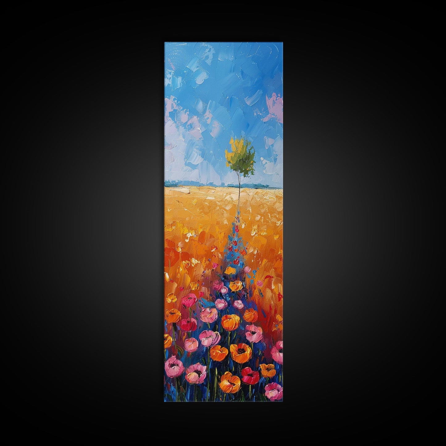 Colorful Wildflowers in a Field with a Lone Tree Under a Bright Blue Sky on a Framed Canvas Print Tall Art Piece
