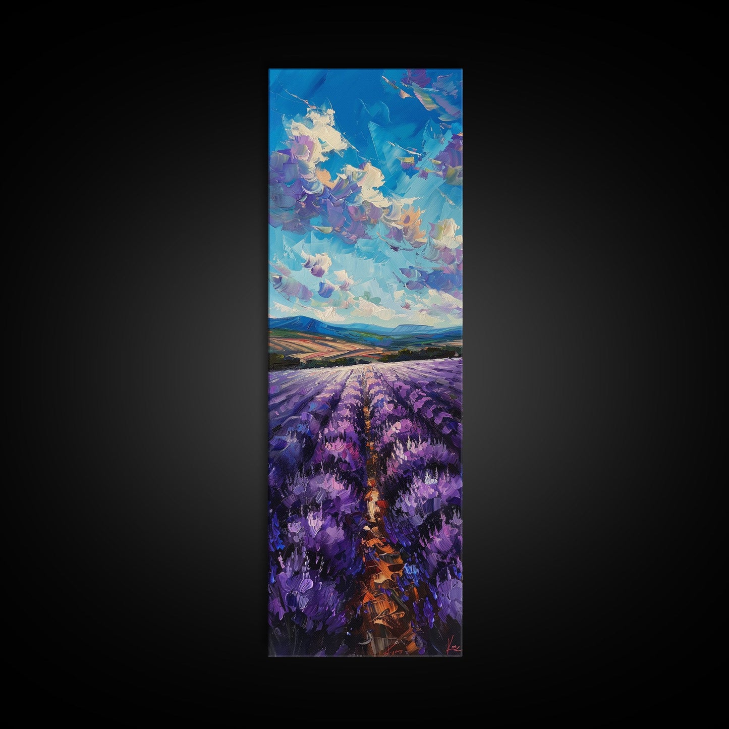Framed Canvas Print of Wide Lavender Fields Under a Bright Sky Featuring Skinny Tall Art for Stunning Wall Decor in Home or Office