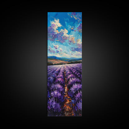 Framed Canvas Print of Wide Lavender Fields Under a Bright Sky Featuring Skinny Tall Art for Stunning Wall Decor in Home or Office