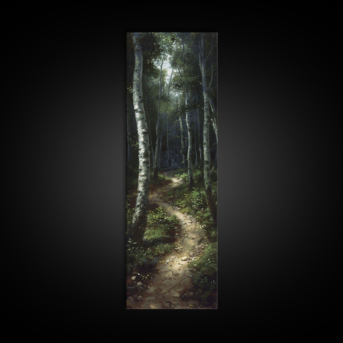 Mysterious Birch Forest Path Tall Skinny Art Framed Canvas Print for Serene and Calming Wall Decor in Homes or Offices