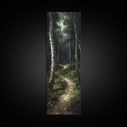Mysterious Birch Forest Path Tall Skinny Art Framed Canvas Print for Serene and Calming Wall Decor in Homes or Offices