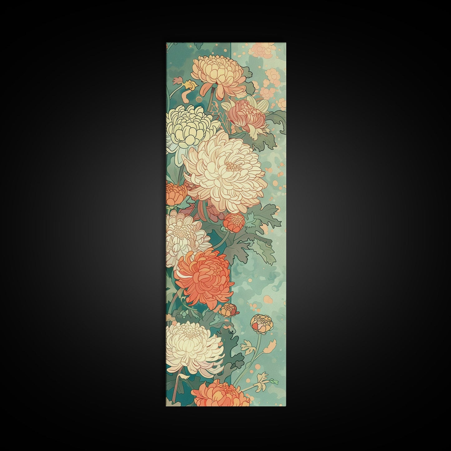 Skinny Art of Chrysanthemums in Soft Pastels with Intricate Petal Design on Framed Canvas Print