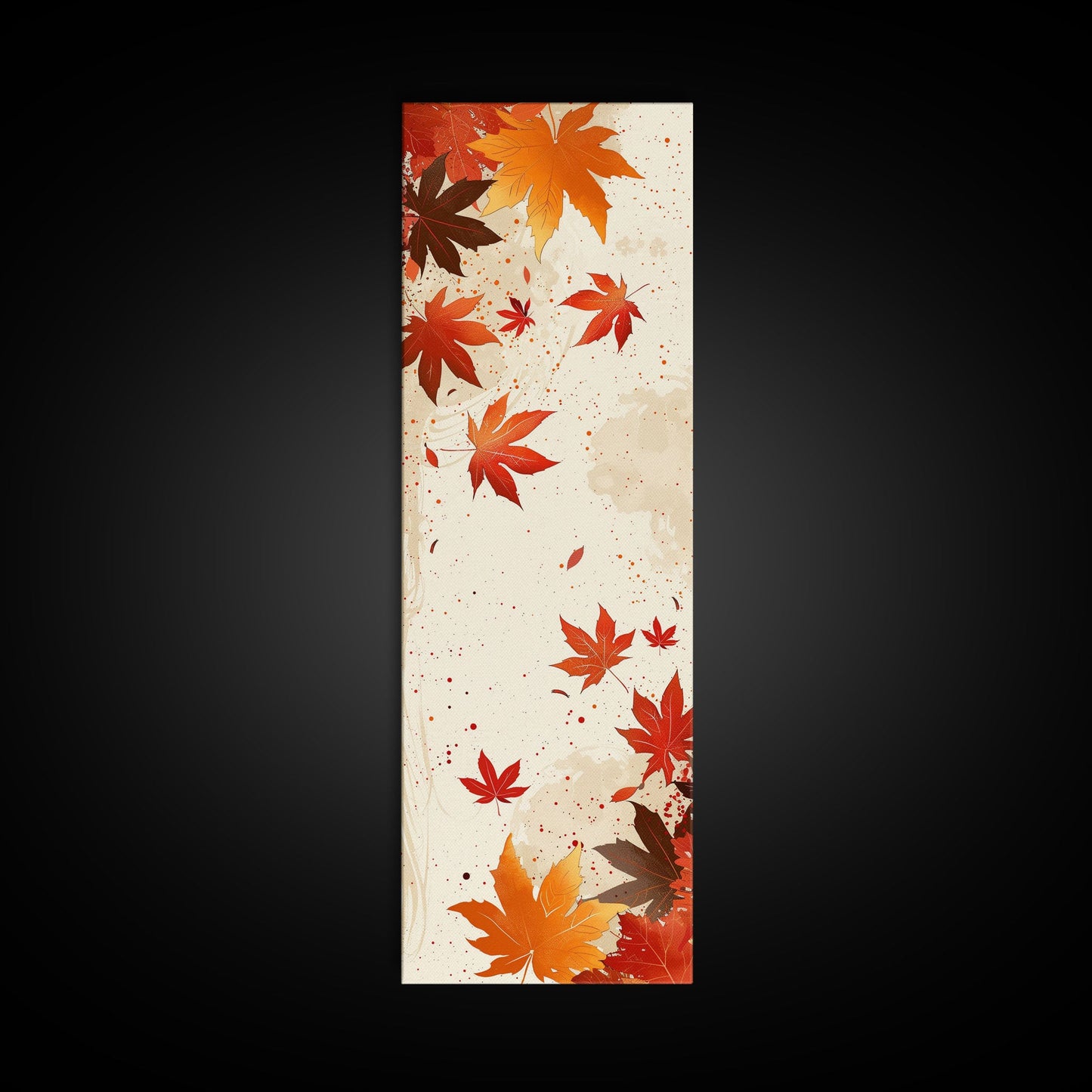 Skinny Art Autumn Leaves In Japanese Style Wood Block Print Warm Red And Orange Tones On Framed Canvas Print, Tall Art Ukiyo-e