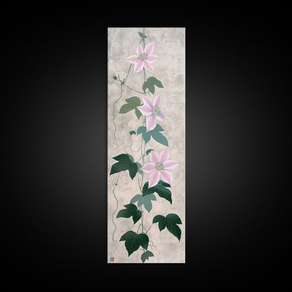 Skinny Art Clematis Vine In Japanese Style Wood Block Print Soft Pink Flowers On Framed Canvas Print, Tall Art Ukiyo-e