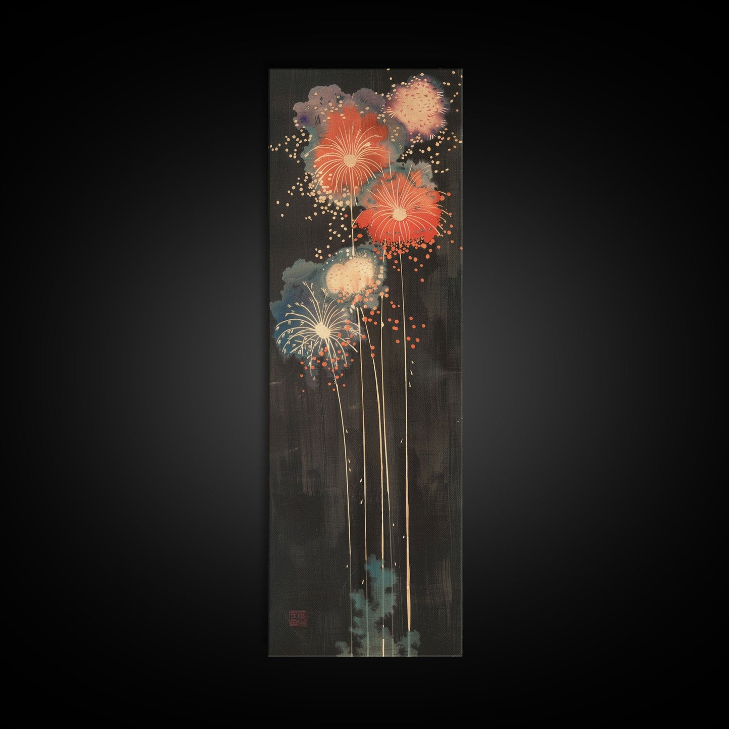 Colorful Fireworks Display Against A Dark Night Sky, Skinny Art Tall Wall Art Framed Canvas Print Japanese Style Art