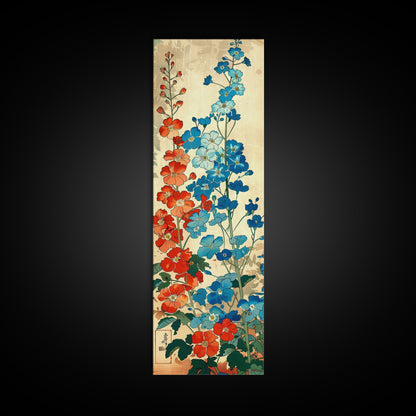 Delphinium Flowers Japanese Garden Art In Traditional Ukiyo-e Style Framed Canvas Print Tall Skinny Wood Block Floral Wall Decor