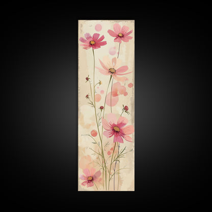 Delicate Pink Flowers with Tall Stems on a Subtle Beige Background Ukiyo-e Art Japanese Framed Canvas Print Skinny Tall Art