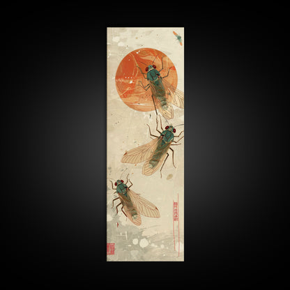 Detailed Depiction Of Cicadas Against Warm Sunset Background Ukiyo-e Skinny Tall Wood Block Framed Canvas Print Japanese Style Art