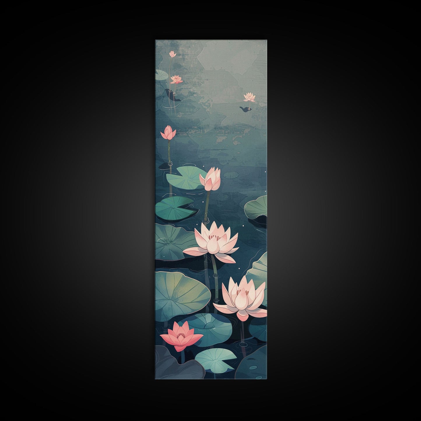 Calm Water Lilies Floating On Still Pond With Subtle Ripples Ukiyo-e Skinny Tall Wood Block Framed Canvas Print Japanese Style Art