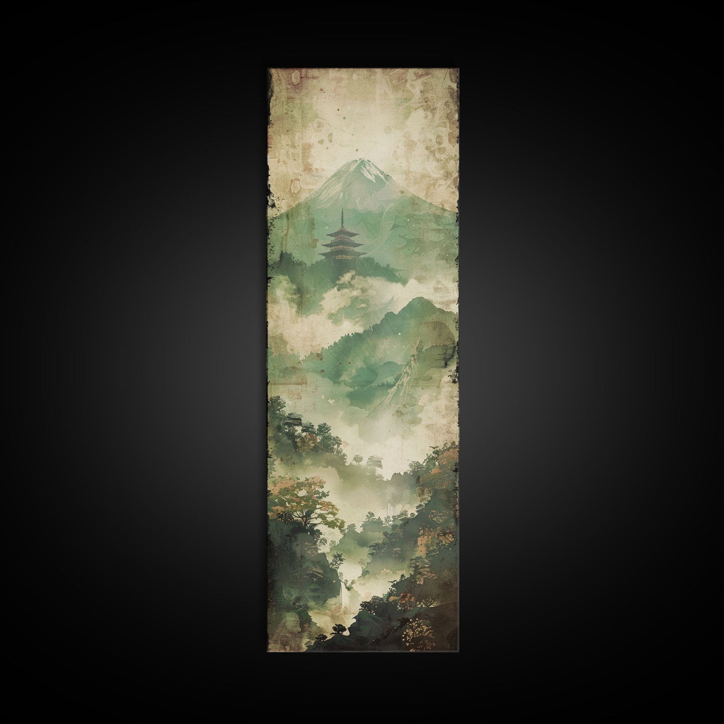 Skinny Art Tall Art Framed Canvas Print Japanese Style Art Foggy Mountain Temple Landscape Wood Block Print Ukiyo-e Feng Shui Wall Art