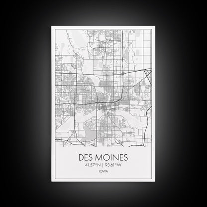 Des Moines Street Map, Iowa Map, City Map Art, Minimalist Art, Wall Art, Canvas Print, Girlfriend Gift, Travel Wall Art, Dorm Room Art