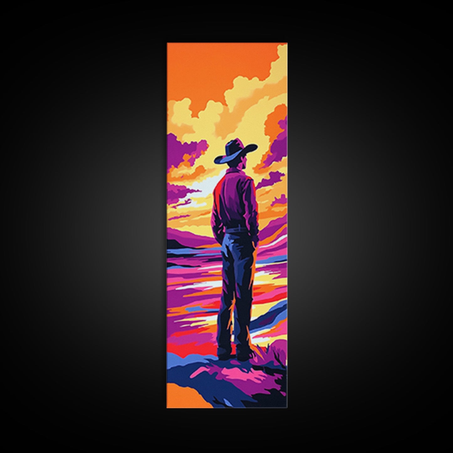 Colorful Sunset Cowboy Art Framed Canvas Print, Southwest Wall Art, Moody Art, Whimsical Art, Pink Orange Wall Art, Tall Narrow Art