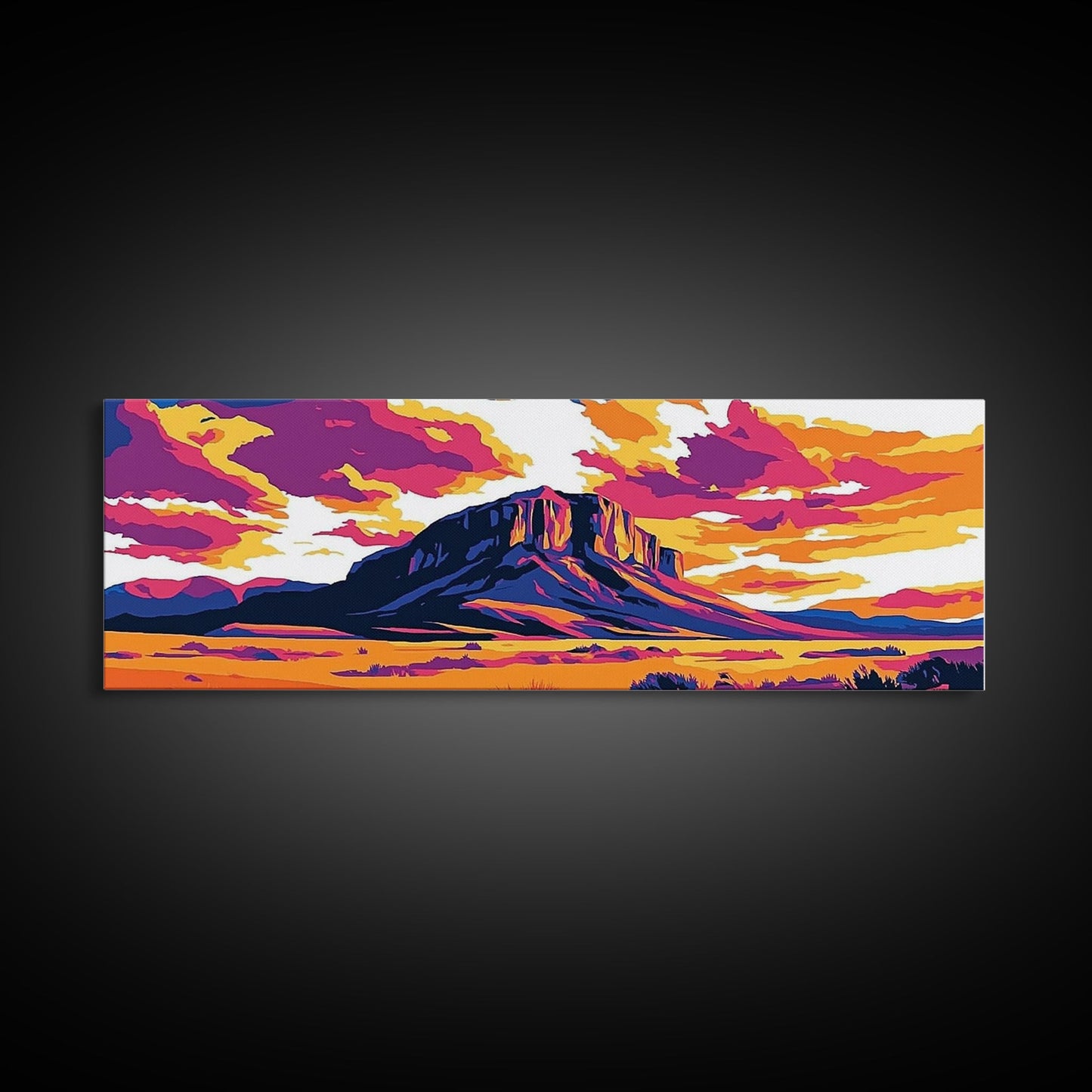 Colorful Desert Landscape, Joshua tree art, southwest wall art, pink orange wall art, extra wide art, panoramic painting, Framed Canvas Print