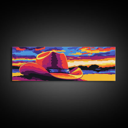 Western Sunset Art, cowboy hat painting, rustic wall art, southwest wall art, extra wide art, framed canvas print, panoramic painting