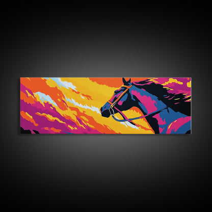 Horse silhouette, sunset, pink orange wall art, colorful equestrian, western art, extra wide art, framed canvas print, panoramic painting