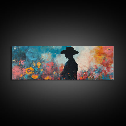 Black cowgirl painting, western decor, wildflower painting, boho art, extra wide art, framed canvas print, rustic decor, poppy wall art