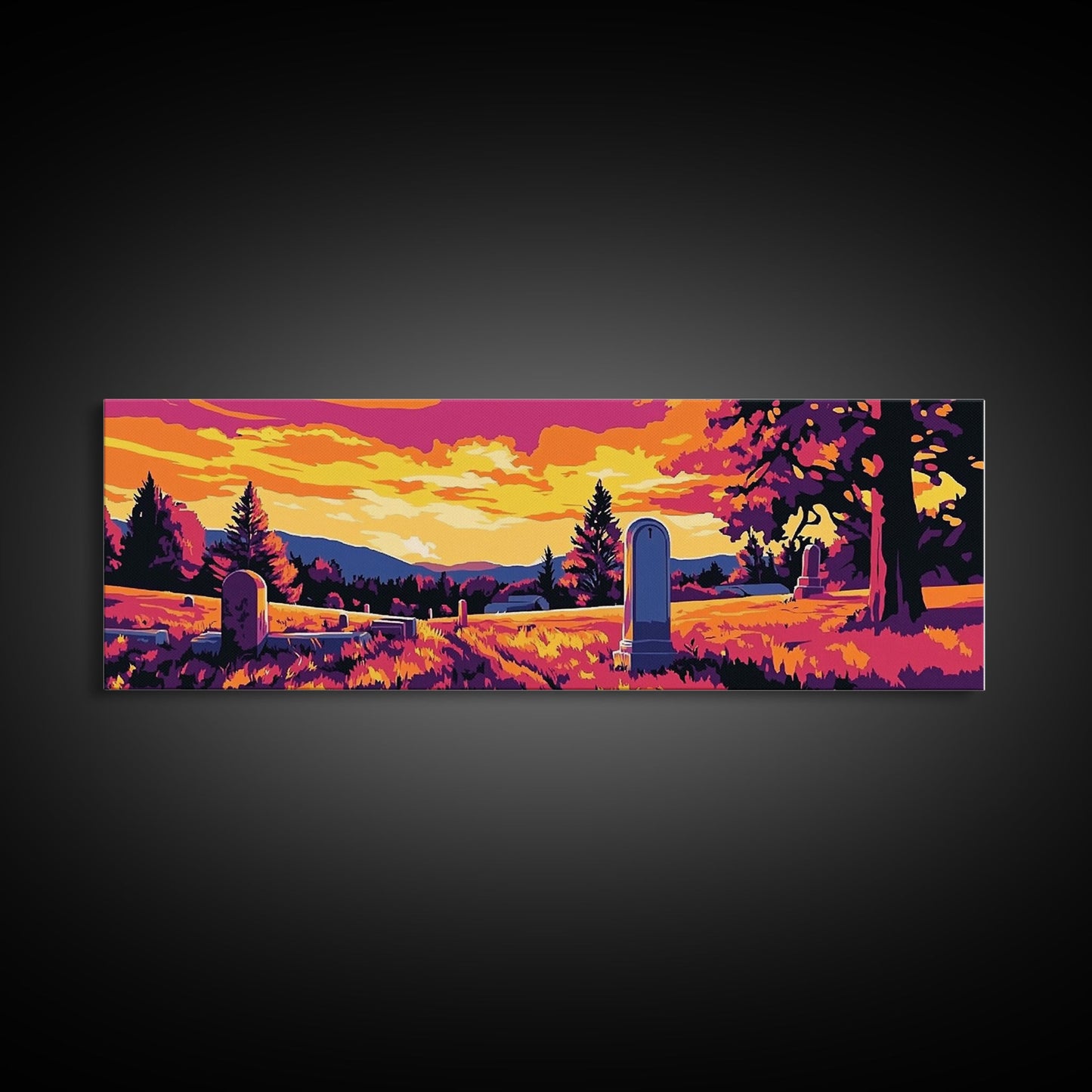 Western Graveyard, cowboy art, gothic painting, southwest wall art, dark angels wall art, extra wide moody art, framed canvas print