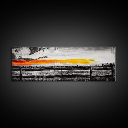 Fence at Sunset, moody landscape art, Joshua tree art, smoky mountain painting, dark romance art, extra wide art, framed canvas print