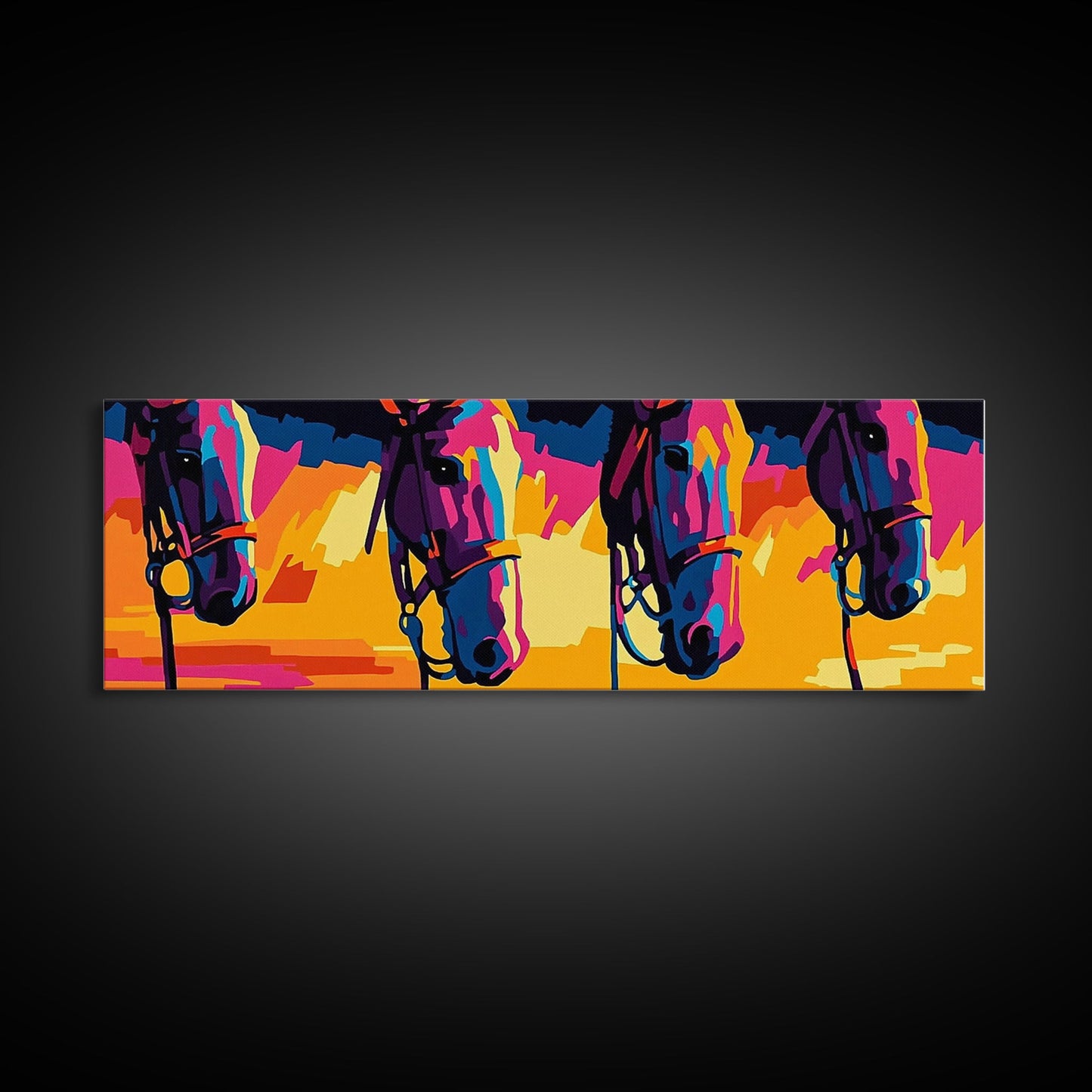 Colorful Horses, horse wall art, pink orange wall art, extra wide art, southwestern art, blotter art, Canvas Print, geometric wall art