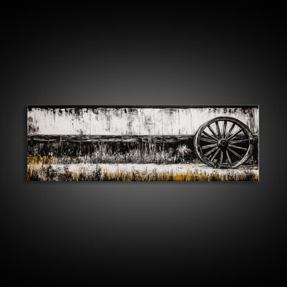 Wagon Wheel, barn landscape oil painting, black and white art, rustic decor, farmhouse art, extra wide art, Framed Canvas Print, moody art