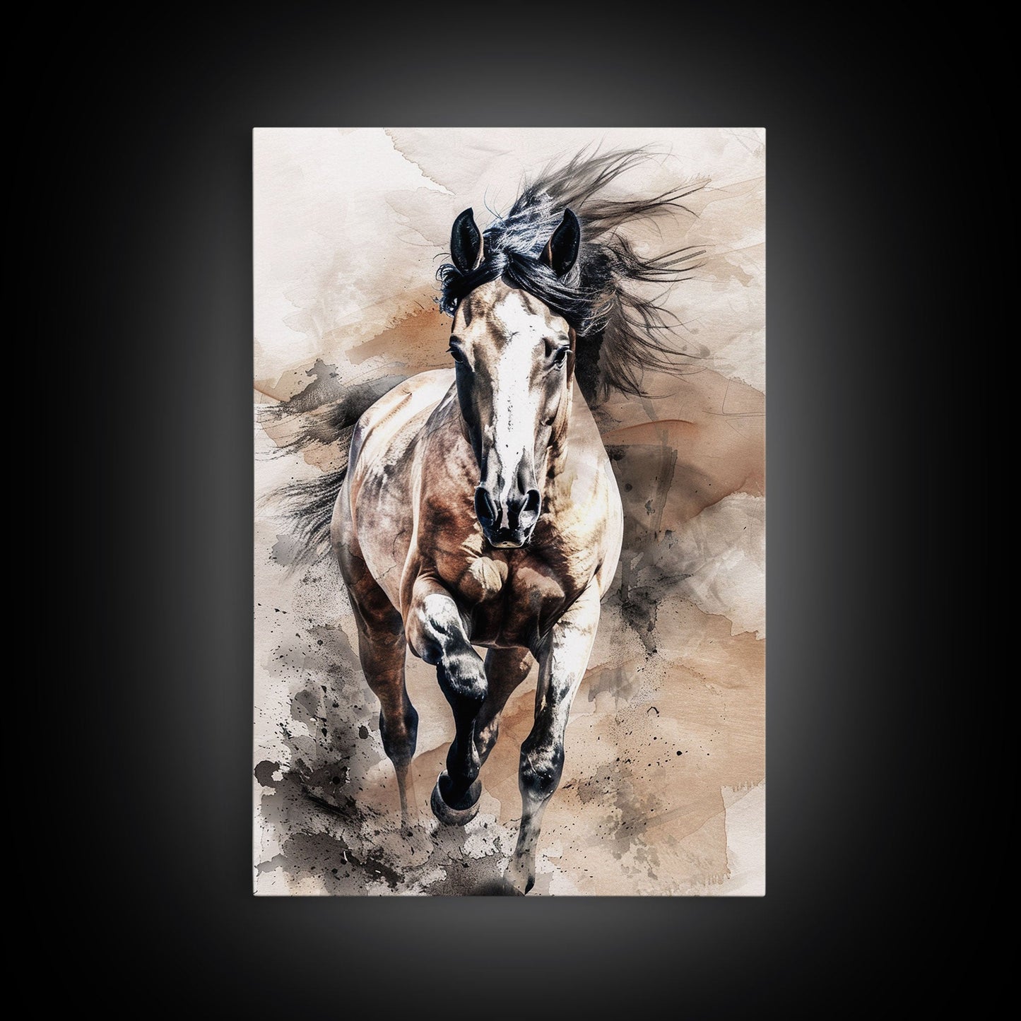 Charging Horse with Dust - Framed Canvas Print, Intense Living Room Art, Bold Bedroom Decor, Equestrian Art, Wall Art