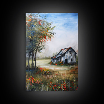 Idyllic Barn Scene with Rustic Charm - Framed Canvas Print, Country Living Room Decor, Farmhouse Wall Art, Barn Art Print for Bedroom