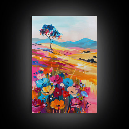 Vibrant Hills and Flowers Framed Canvas Print - Colorful Landscape Wall Art, Bright Living Room Decor, Whimsical Bedroom Art