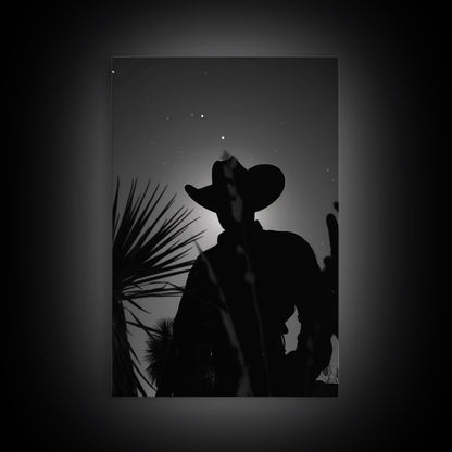 Lone Cowboy Silhouette under the Stars in Black and White for Rustic Wall Art, Canvas Prints, Home Decor, Living Room Art, Bedroom Art